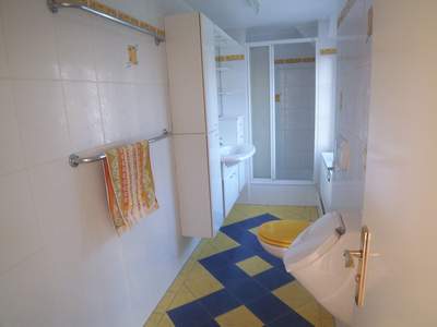 Toilette mit Dusche, Ansicht zum Fenster